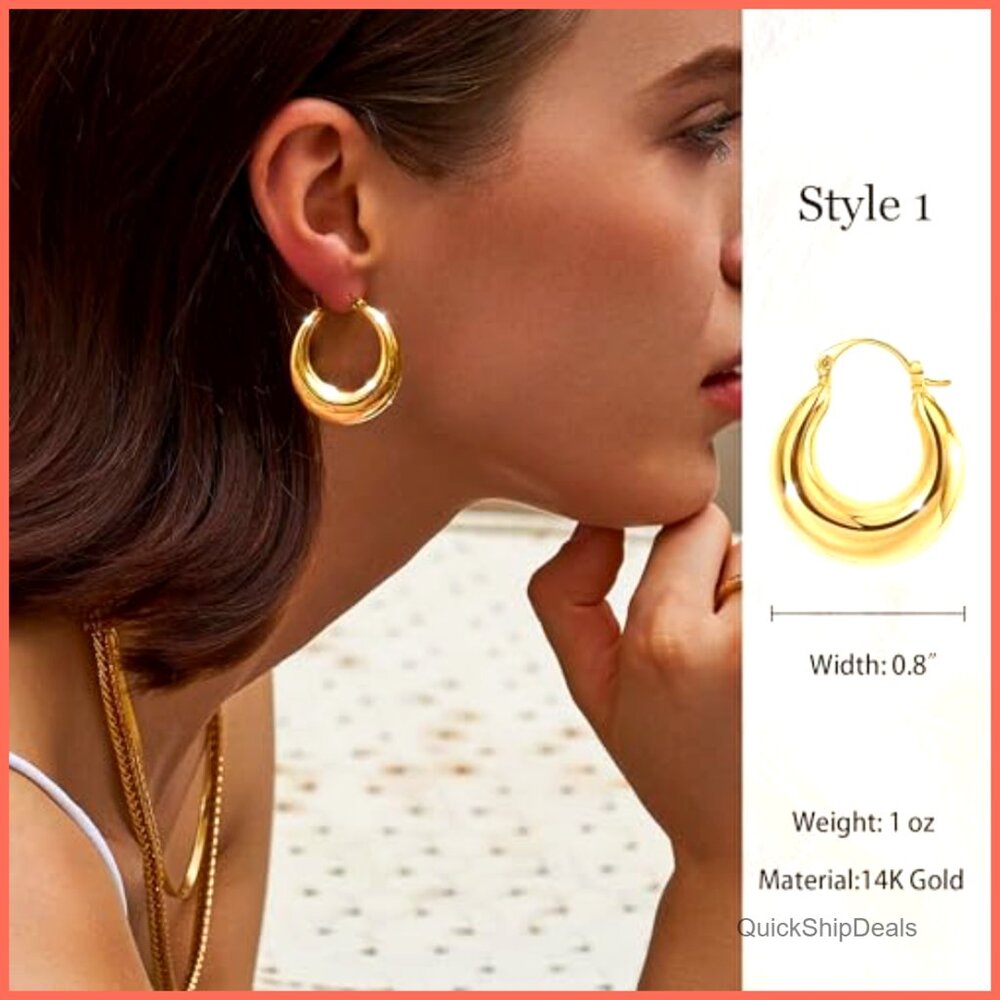 14K Gold Plated Chunky Triple Hoop Earrings Hypoallergenic - Picture 2 of 7
